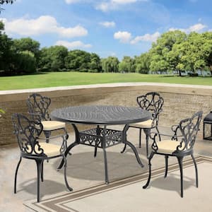 Lily Black 5-Piece Cast Aluminum Outdoor Dining Set with Round Table and Dining Chairs with Random Color Cushion