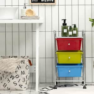 3-Tier Multi-Color Rolling Kitchen Cart Steel Storage Cart with Plastic Drawers