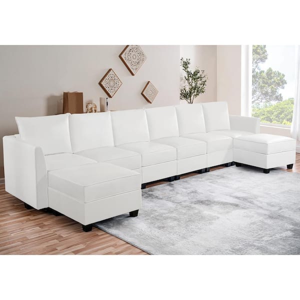 MAYKOOSH Contemporary 1-Piece Bright White Air Leather 6-Seater Upholstered Sectional Sofa with Double Ottoman
