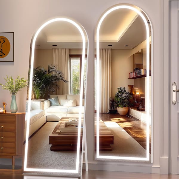30 in. W x 77 in. H White Frame Arch LED Full-Length Mirror, Adjustable Brightness and Colors, Tempered Glass