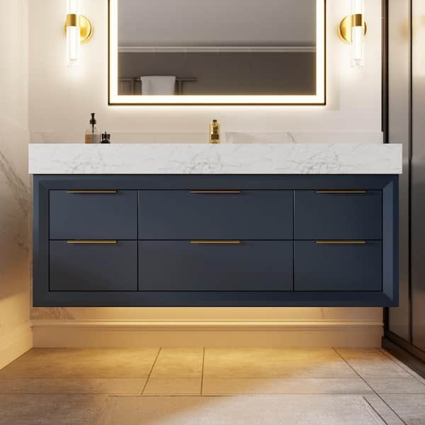 ExBrite MarbleLux 48 in. W x 20.8 in. D x 21.2 in. H Floating Bathroom Vanity with 1-Sink in Blue with White Marble Top