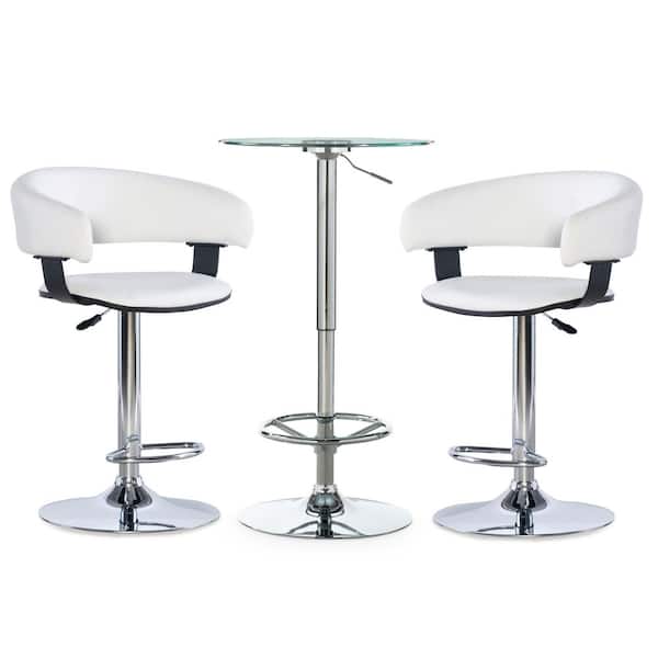 Martinez Adjustable 3-Piece Round Chrome and White Glass Top Bar Table Set Seats 2