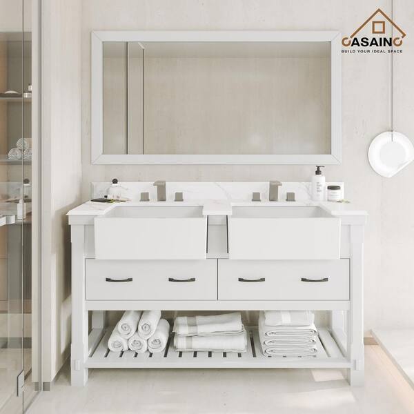 CASAINC 60 in. W x 21 in. D x 35 in. H Freestanding Double Sink Bath Vanity in White with Carrara White Quartz Top and Mirror