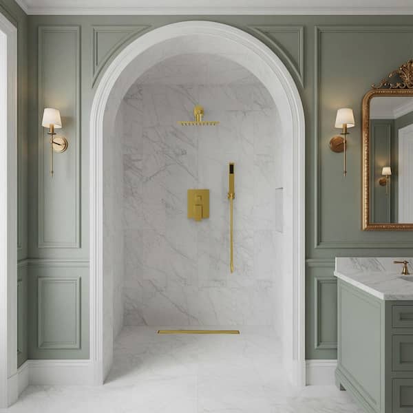 24 x 2.7 in. Wall Bar Shower Kit Linear Stainless Steel Shower Drain with Drain Cover in Brushed Gold Valve Included