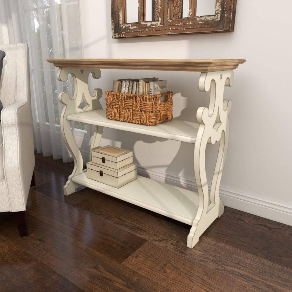 Cottage Charm White and Natural Wood 2-Tier Console Table with Storage