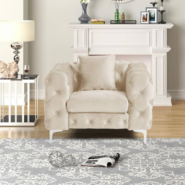 Morden Fort Beige Modern Contemporary Accent Chair with Deep Button Tufting Dutch Velvet, Solid Wood Frame and Iron Legs