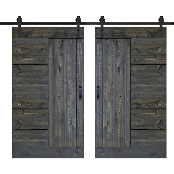ISLIFE L Series 84 in. x 84 in. Carbon Gray Finished Solid Wood Double Sliding Barn Door with Hardware Kit - Assembly Needed