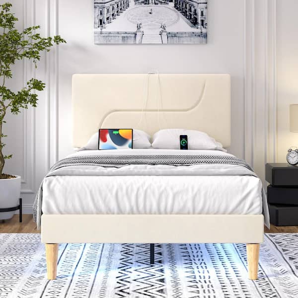 VECELO Upholstered Bed Frame with LED Lights, Velvet Headboard and Charging Station, Noise-Free Platform Bed, Beige Twin Bed
