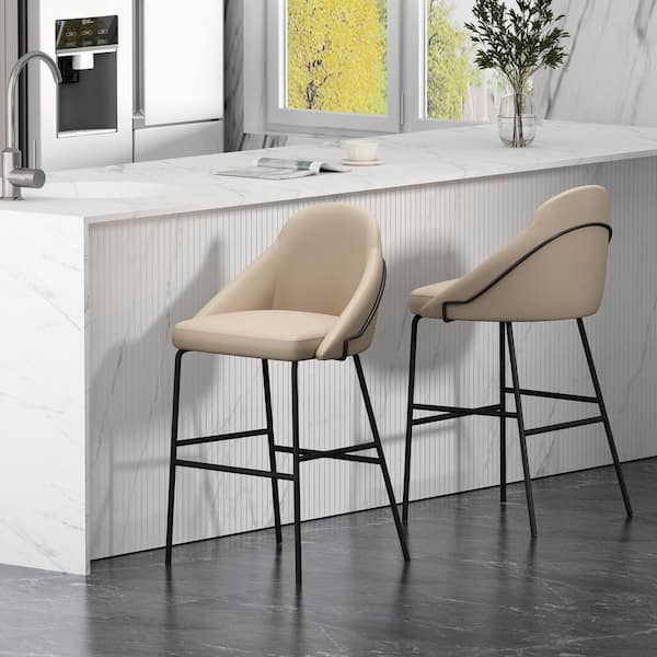 Manhattan Comfort Gracie 29.1 in. Modern Tan and Black Metal Frame Bar Stool with Faux Leather Upholstered Seat (Set of 2)