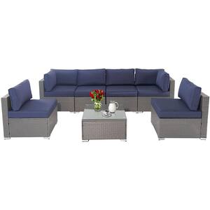 Gray Wicker Outdoor Sectional Set with Dark Blue Cushions (7-Piece)