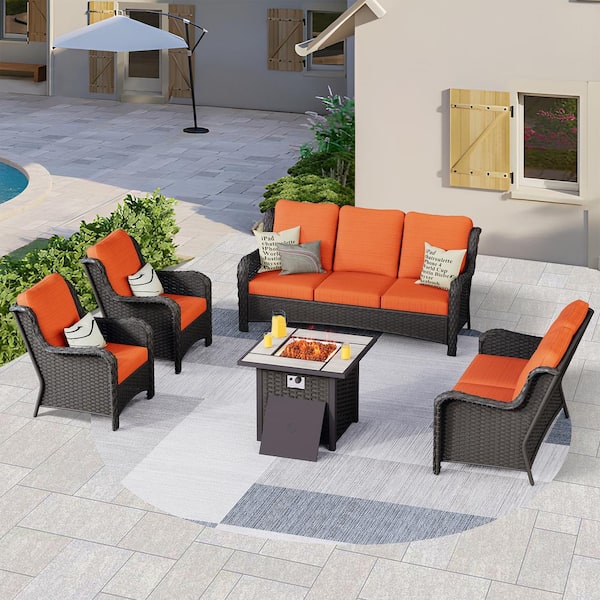 OVIOS Janus Brown 5-Piece Wicker Patio Fire Pit Conversation Seating Set with Orange Red Cushions
