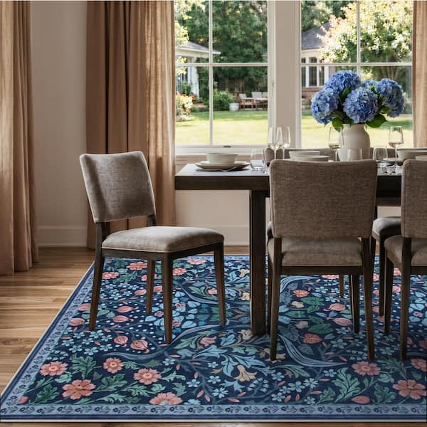 Multi-Colored Floral Plant Washable Blue 5 ft. x 7 ft. Area Rug