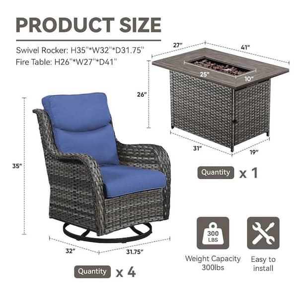 Quanxer Gray 5-Piece Wicker Patio Rectangle Fire Pit Conversation Set with Blue Cushions and Swivel Chairs