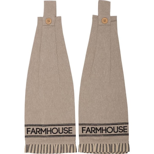 Sawyer Mill Beige Charcoal Farmhouse Button Loop Cotton Kitchen Tea Towel Set (Set of 2)