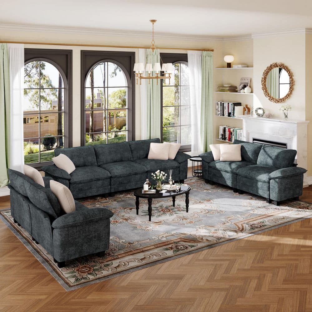 123.6 in. Flared Arm 7-Seat Chenille Modular Sectional Sofa in. Cerulean-Dark-Cyan with Throw Pillows for Living Room price history on PriceWatchPro