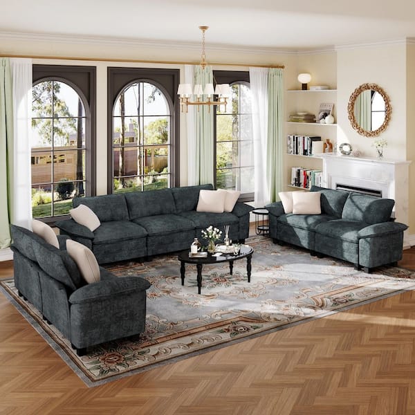123.6 in. Flared Arm 7-Seat Chenille Modular Sectional Sofa in. Cerulean-Dark-Cyan with Throw Pillows for Living Room
