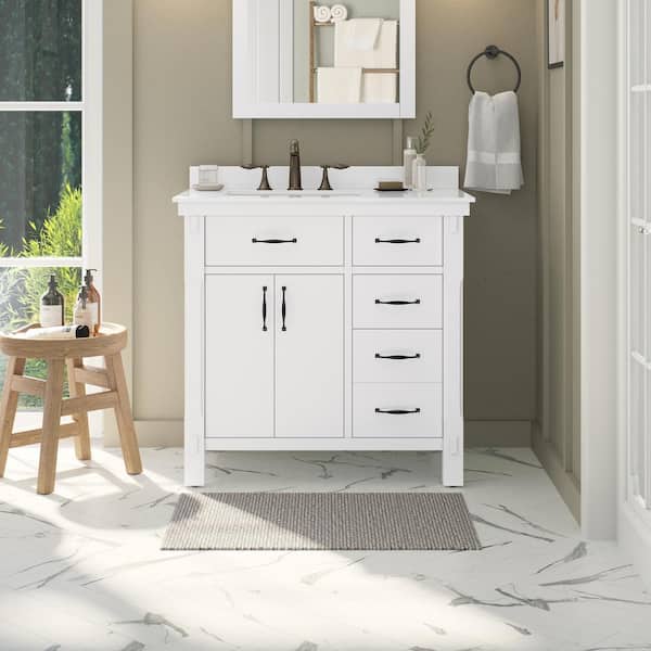 Home Decorators Collection Bellington 36 in. W x 22 in. D x 34 in. H Single Sink Bath Vanity in White with White Engineered Stone Top