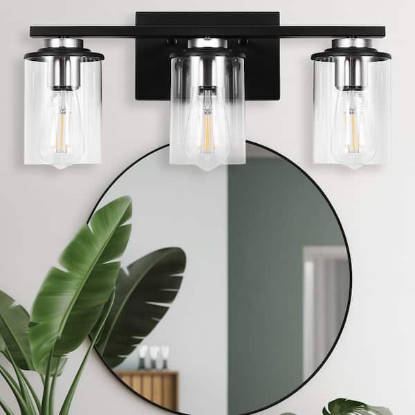 19 in. 3-Light Black Vanity Light with Clear Cylinder Glass Shades Dimmable Wall Fixture for Bathrooms Powder Rooms