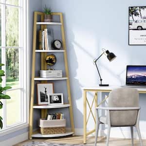 Jannelly 70 in. White and Gold Wood 5tier 5 Shelf Corner Ladder Bookcase with Open Back