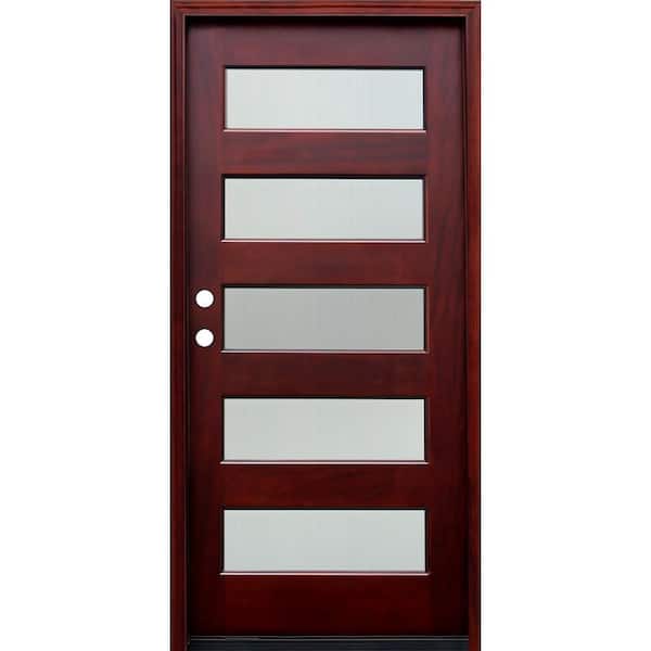 Pacific Entries 36 in. x 80 in. Contemporary 5 Lite Reed Stained Mahogany Wood Prehung Front Door