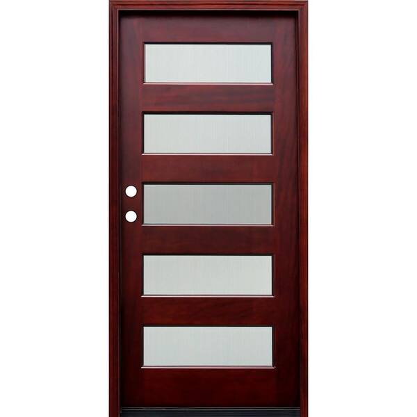 Pacific Entries 36 in. x 80 in. Contemporary 5 Lite Reed Stained Mahogany Wood Prehung Front Door with 6 Wall Series