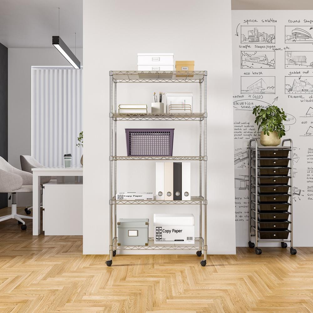 Seville Classics Chrome 5-Tier Steel Wire Shelving Unit with Wheels, 30"W x 61.5"H