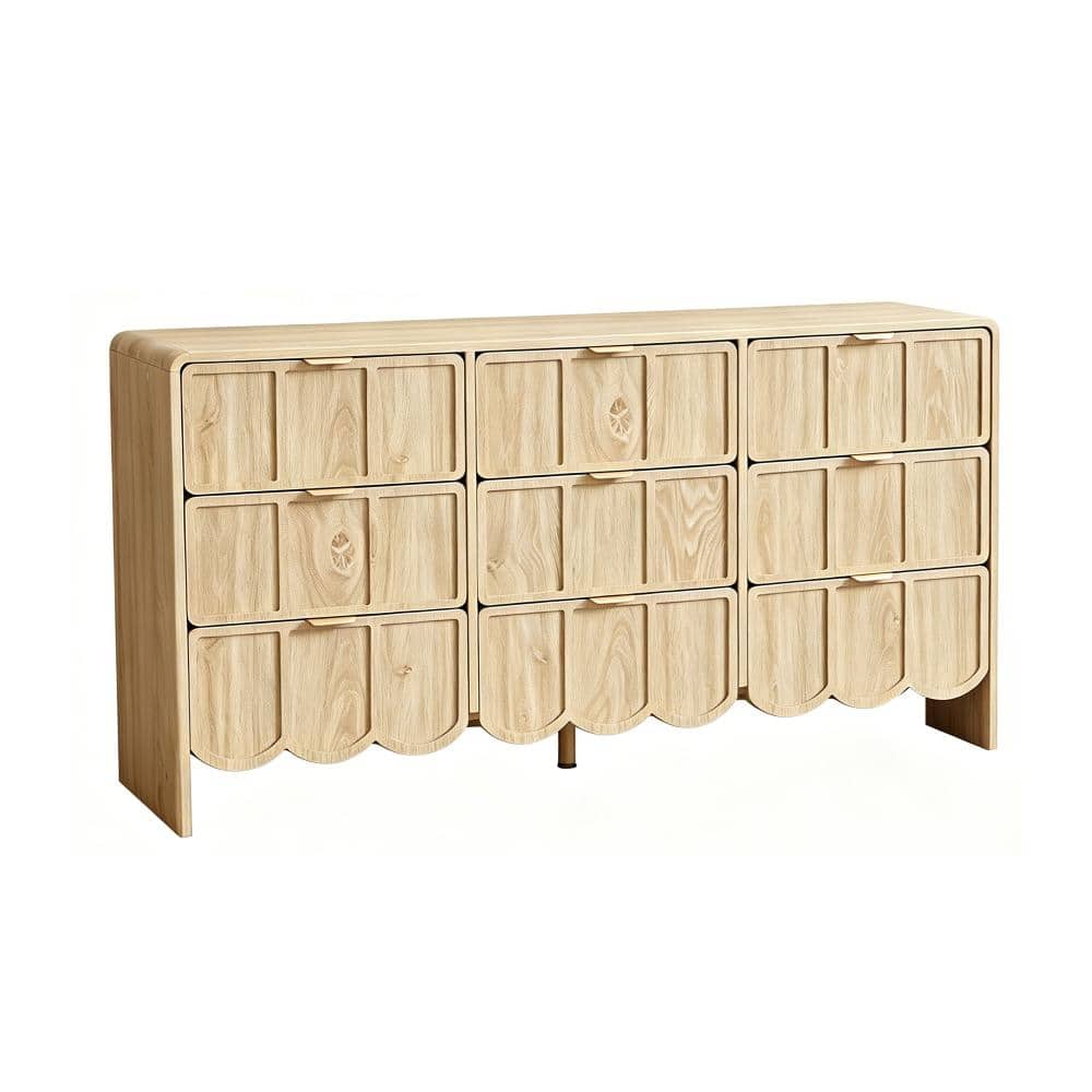 9-Drawer Wide Dresser, Natural MDF Scalloped Chest for Large Storage & Media