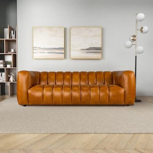 Compton 89.8 in. Round Arm Genuine Leather Modern Rectangle Sofa in Cognac