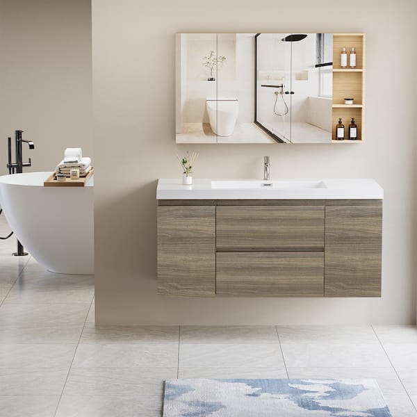 HBEZON Achilles 47 in. W x 20 in. D x 22.5 in. H Single Sink Floating Bath Vanity in Ash Grey with White Resin Top