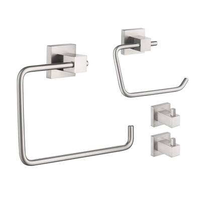 4-Piece Bathroom Hardware Set with Towel/Robe Hook Toilet Paper Holder Towel Ring in Brushed Nickel
