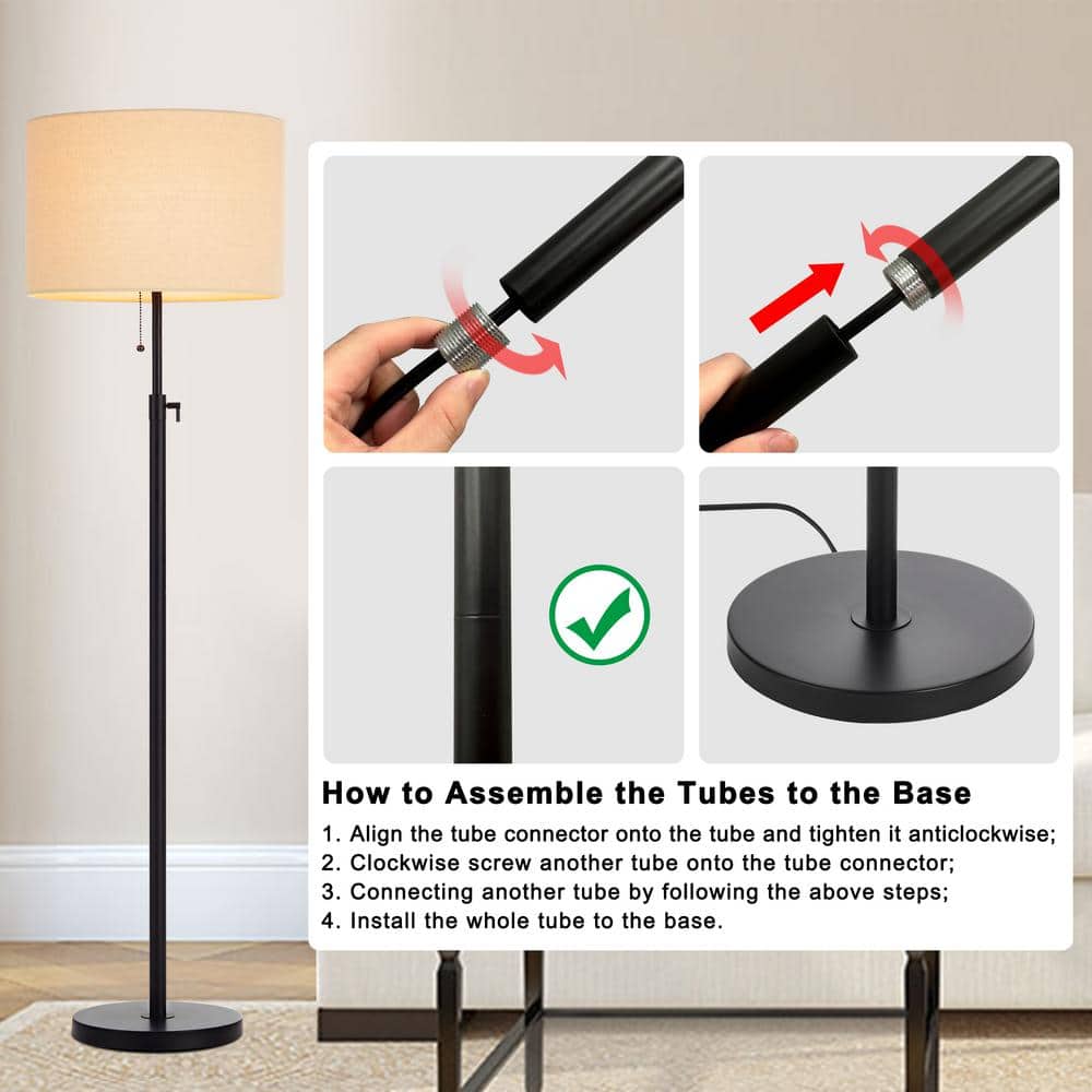 64.5" Adjustable Black Metal Floor Lamp with White Drum Shade