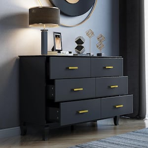 Black Wooden 47.2 in. Width Sideboard, Storage Cabinet with 6-Drawers, Golden Handle & 5 Wooden Legs