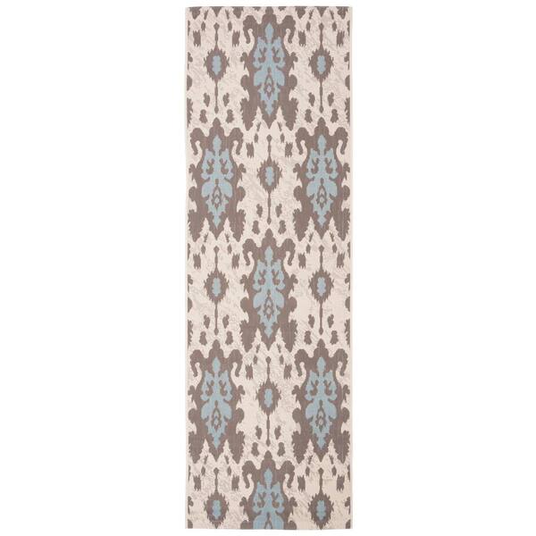 Courtyard Beige Dark Beige/Aqua Weft 3 ft. x 8 ft. Ikat Indoor/Outdoor Patio  Runner Rug