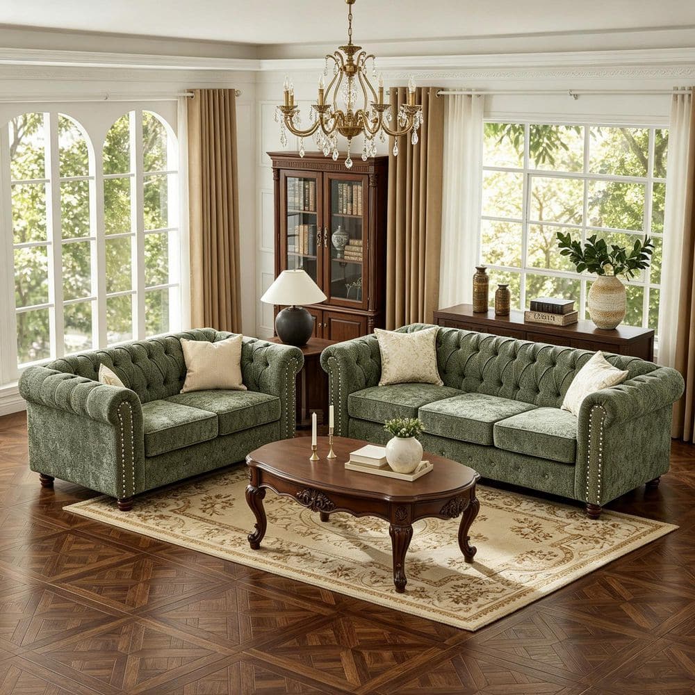 2-Piece Modern Chenille Sofa Loveseat Living Room Set Green Rolled Arm Chesterfield Couch Tufted Button Nailhead