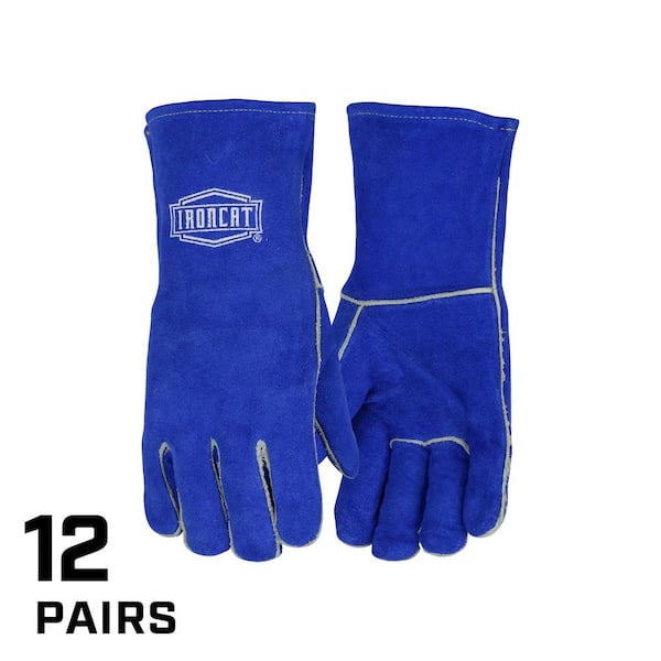 Ironcat Women's Regular Blue Heat Resistant Split Cowhide Leather Welding Glove with Lining and Kevlar Stitching (12-Pack)