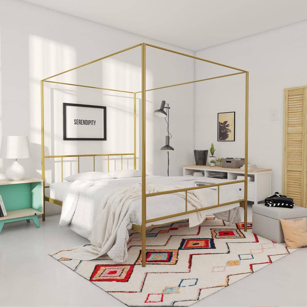 Full Gold Metal Canopy Bed Frame with Headboard
