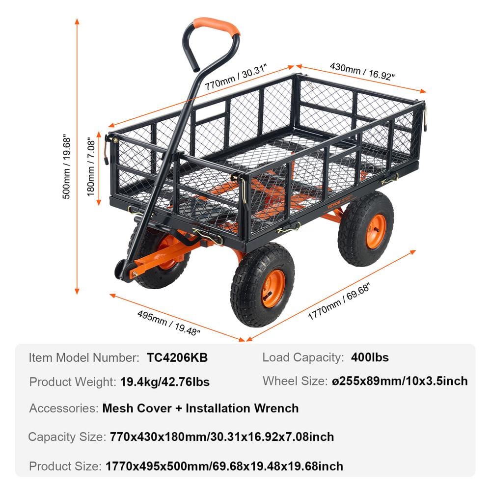 Heavy Duty Black and Orange Steel Garden Dump Cart with Adjustable Handle