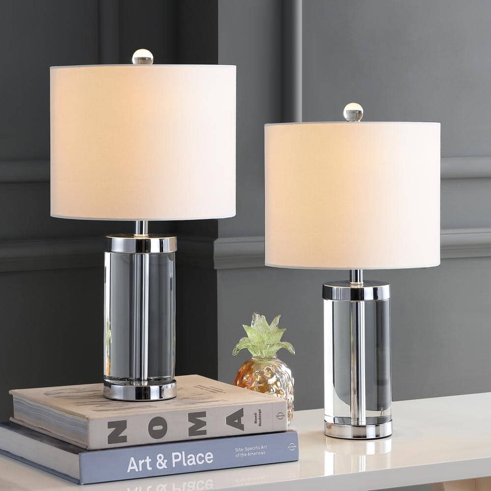 Laurie Clear Crystal Cylinder Table Lamp Set with White Cotton Shade
