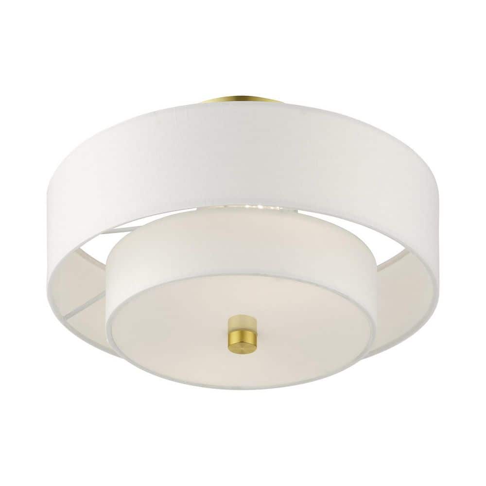 Satin Brass Glass Drum 2-Light Semi-Flush Mount