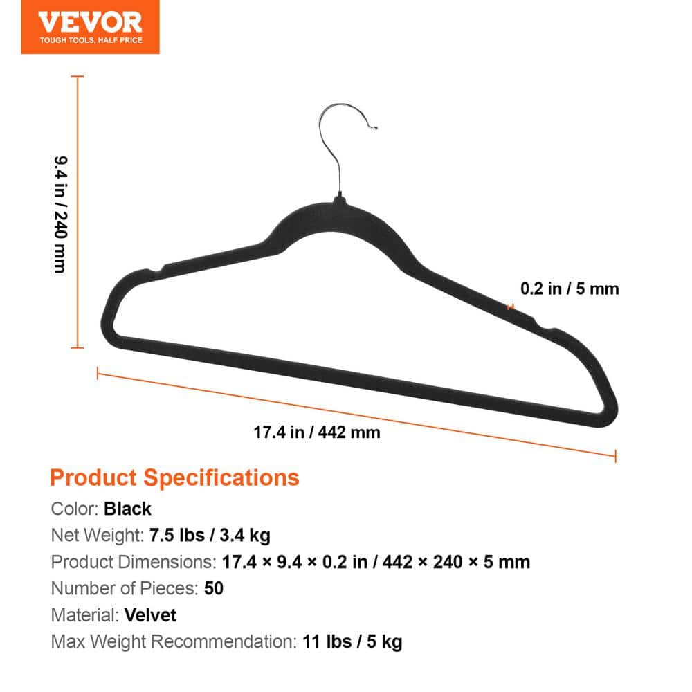 Ultra-Thin Black Velvet Hangers with 360 Degree Swivel Hook, 50 Pack