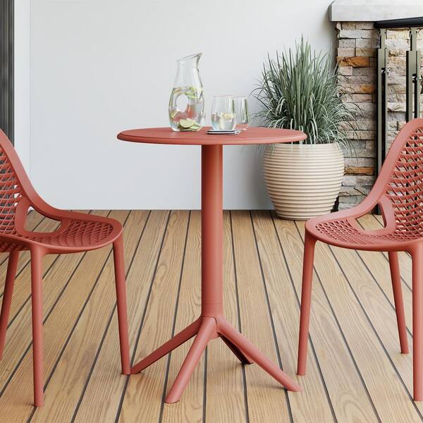 Frond&Form Modern Outdoor 23.5" Round Pedestal Base Poly Plastic Patio Bistro Dining Table, Red
