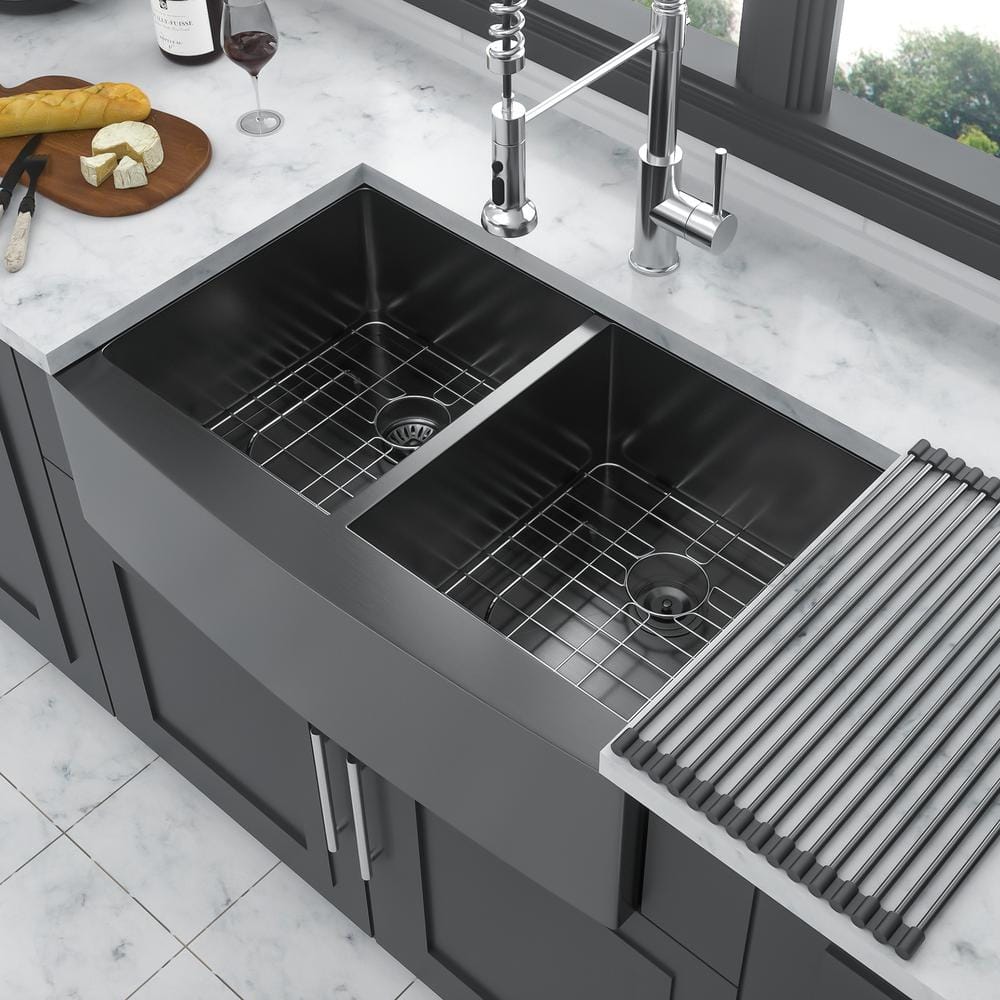 36 in. Farmhouse Double Bowl(50/50) 16-Gauge Gunmetal Black Stainless Steel Kitchen Sink with Bottom Grids price history on PriceWatchPro