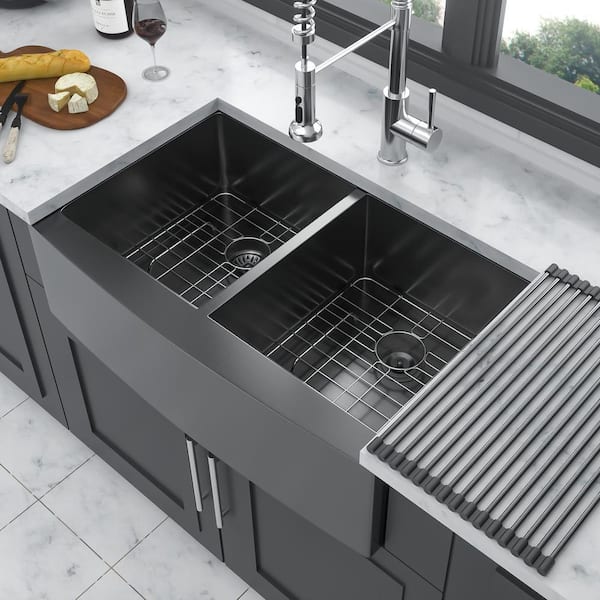 36 in. Farmhouse Double Bowl(50/50) 16-Gauge Gunmetal Black Stainless Steel Kitchen Sink with Bottom Grids