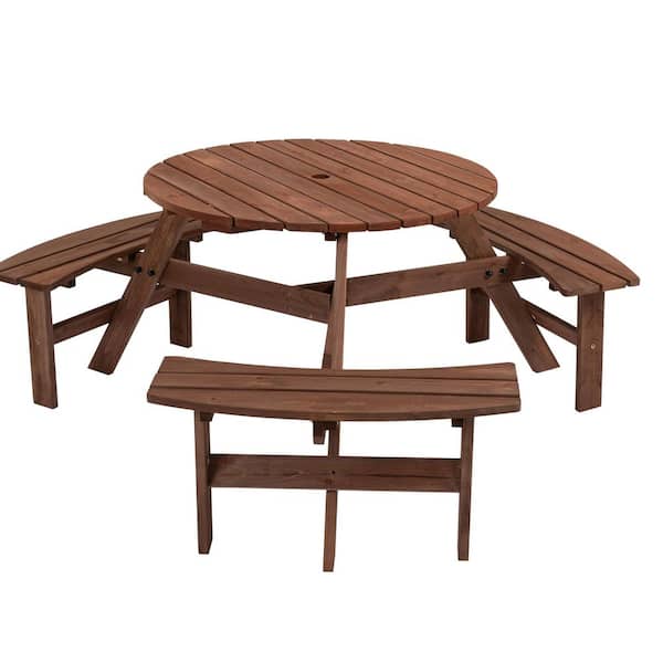 67 in. Brown Round 6-Person Wood Outdoor Picnic Tables 1720 lbs. Seating Capacity w/3 Built-in Benches and Umbrella Hole