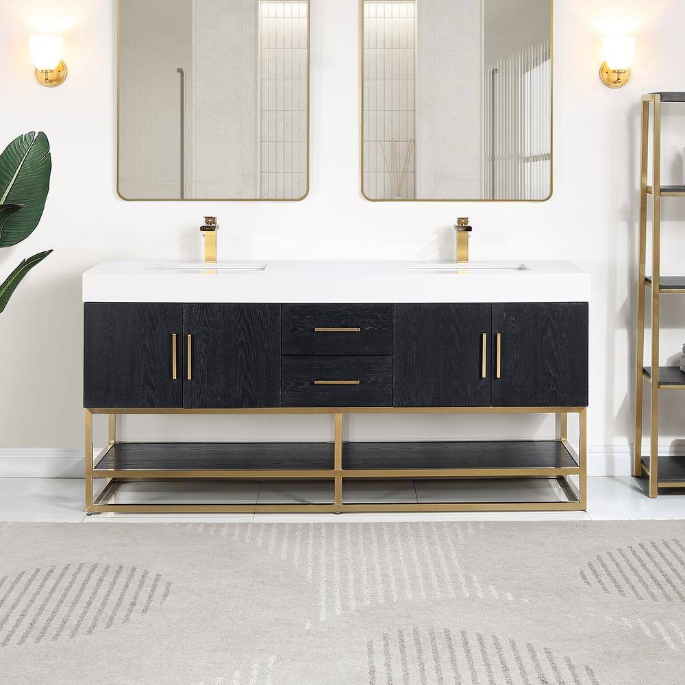 Bianco 72" Black Oak and White Double Vanity with Gold Accents