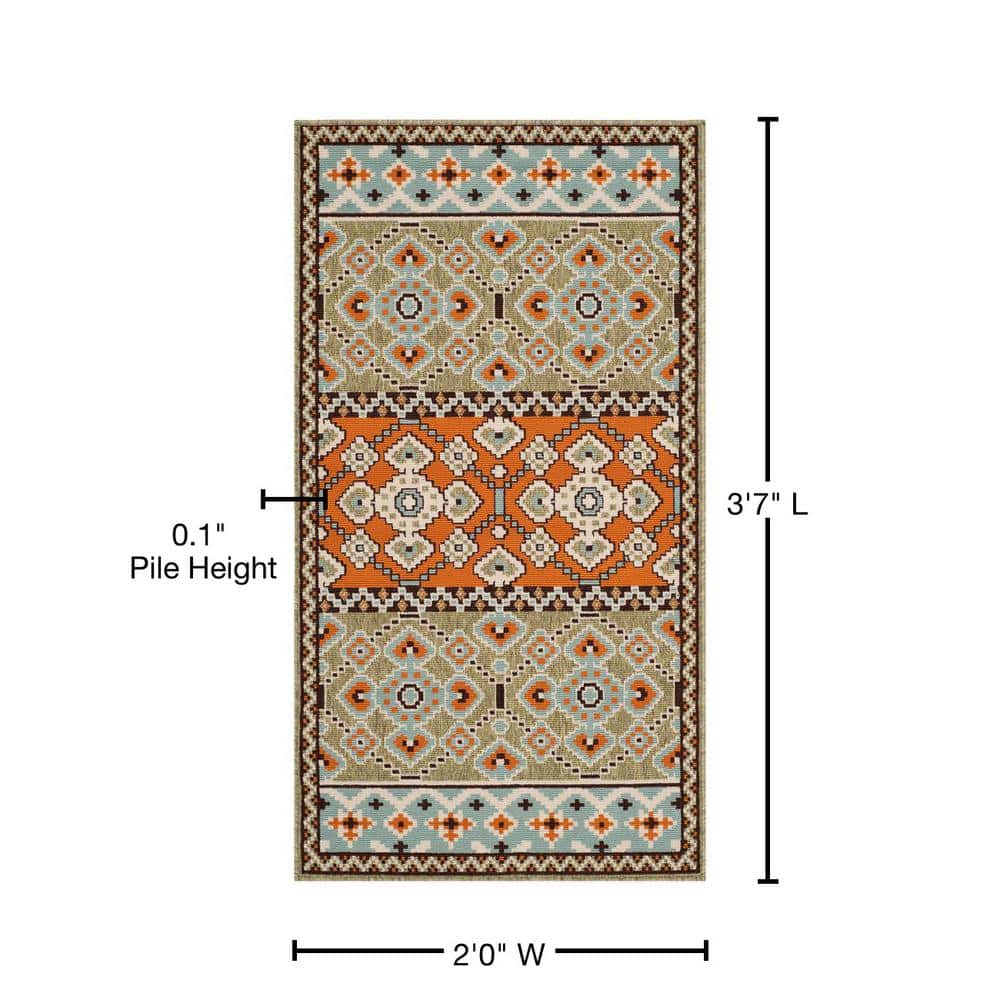 Green and Terracotta Floral Synthetic Washable Area Rug