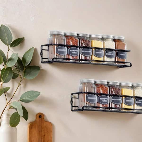 Adrinfly 2-Piece Black Spice Herb Jar Rack Holder For Kitchen Door Cupboard Storage Wall Mounted