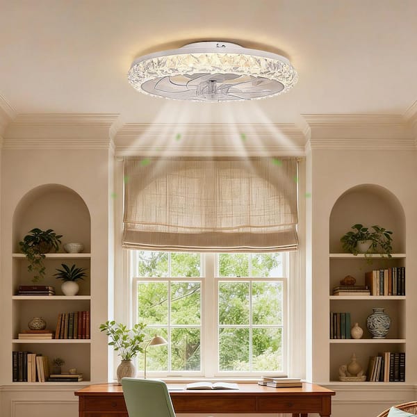 19 in. White Bladeless Flush Mount Ceiling Fan Light with Remote, 7-Leaf Modern Low Profile Design for Bedroom