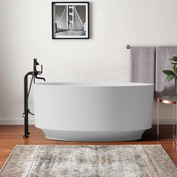 ANGELES HOME 49 in. x 49 in. Round Stone Resin Solid Surface Freestanding Soaking Bathtub with Center Drain in White