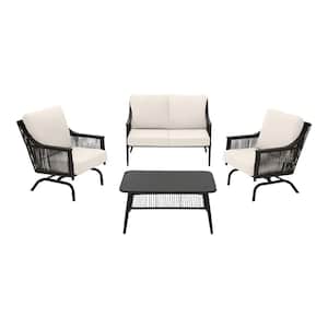 Bayhurst 4-Piece Black Wicker Outdoor Patio Conversation Seating Set with CushionGuard Almond Tan Cushions